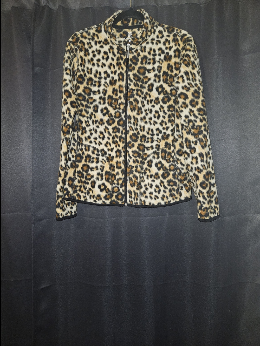 New York & Company Leopard Print Full Zip Fleece Teddy Jacket Size L